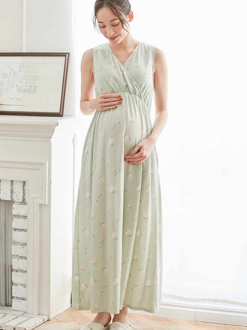 マタニティ パジャマ ルームウェア 授乳しやすい カップ付カシュクールノースリーブロングワンピース マタニティウェア 授乳服通販 エンジェリーベ 公式