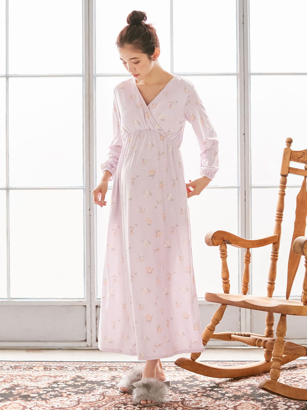 週末限定直輸入♪ エンジェリーベ マタニティ 授乳 ロングワンピース 花柄 ピンク 春 長袖 M