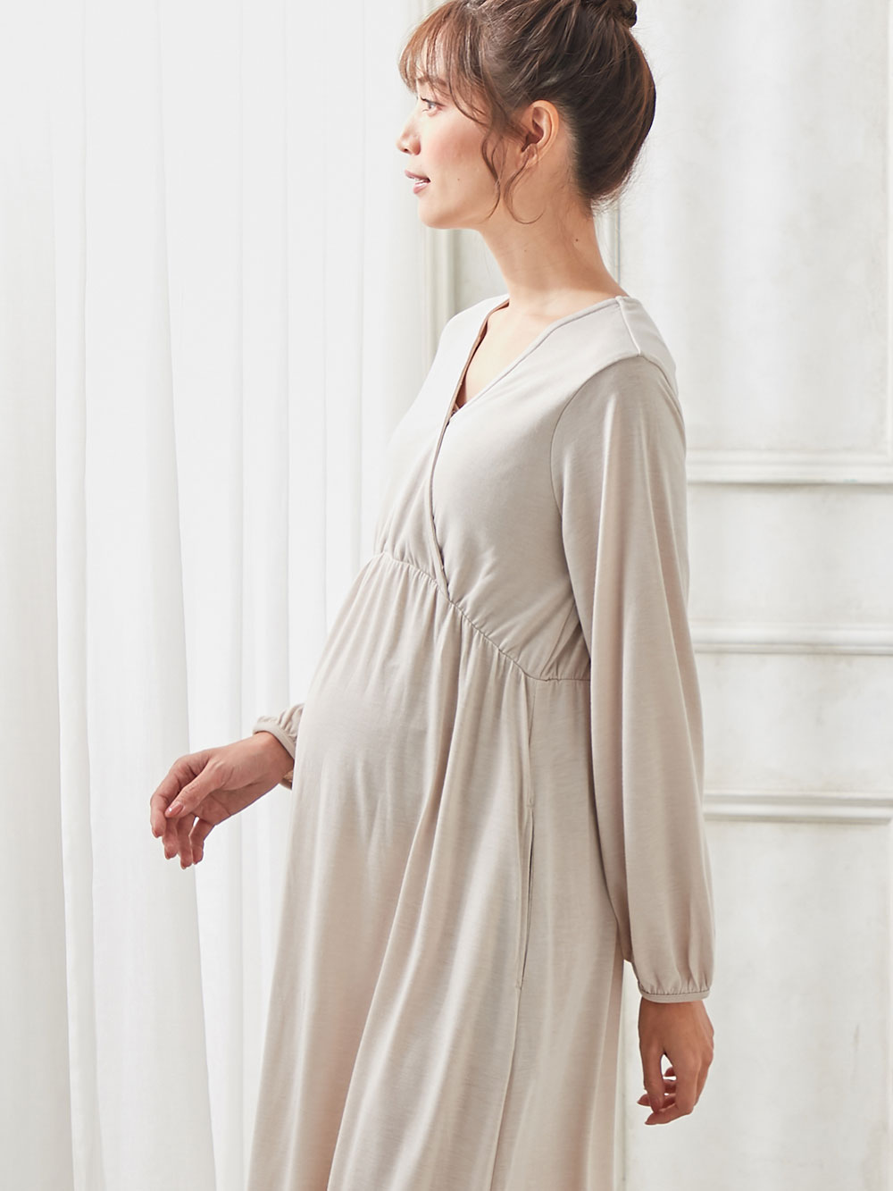 マタニティ パジャマ ルームウェア カップ付カシュクール長袖ロングワンピース マタニティウェア 授乳服通販 エンジェリーベ 公式