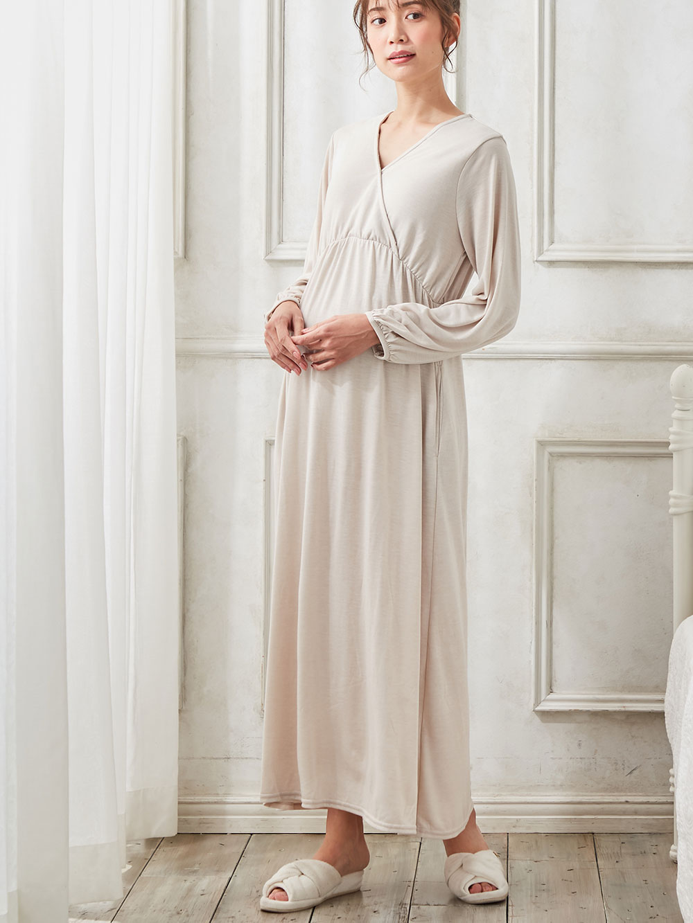 マタニティ パジャマ ルームウェア カップ付カシュクール長袖ロングワンピース マタニティウェア 授乳服通販 エンジェリーベ 公式