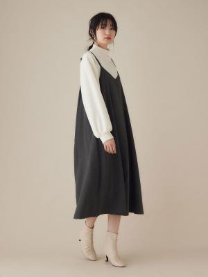 マタニティ ワンピース|【セット】2WAYボトルネックニットソートップス&ツイードキャミワンピース マタニティ・授乳服【出産後も長く使える】|チャコールグレー×オフ