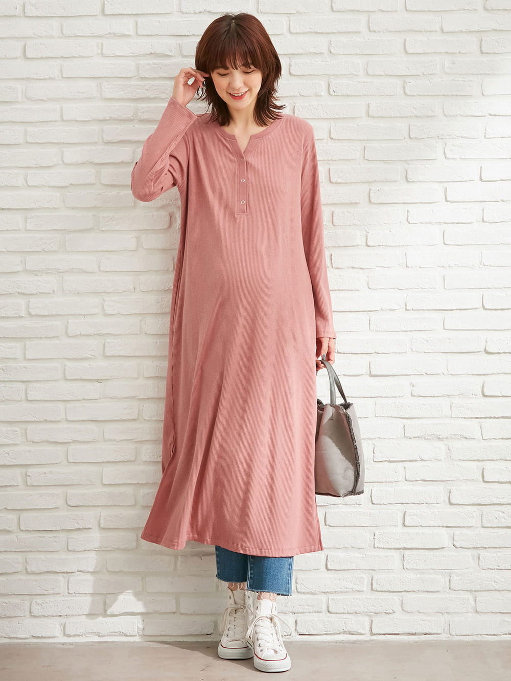 マタニティ ワンピース|【親子コーデ可】リブヘンリーネックロングワンピース　マタニティ・授乳服【出産後も長く使える】|モーヴピンク