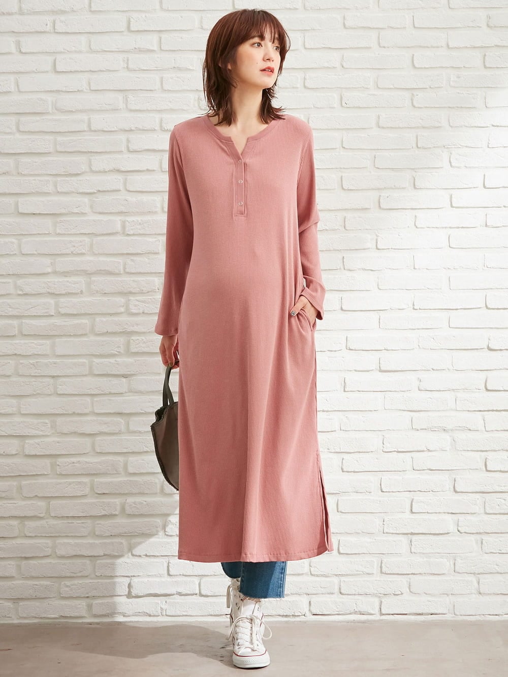 マタニティ ワンピース|【親子コーデ可】リブヘンリーネックロングワンピース　マタニティ・授乳服【出産後も長く使える】|モーヴピンク