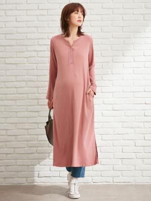 マタニティ ワンピース|【親子コーデ可】リブヘンリーネックロングワンピース　マタニティ・授乳服【出産後も長く使える】|モーヴピンク