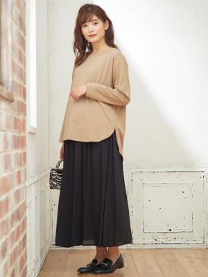 マタニティ スカート|【授乳口付】ラウンドヘムロンT&【産前産後】レーヨンギャザースカート【出産後も長く使える】|ベージュ×ブラック