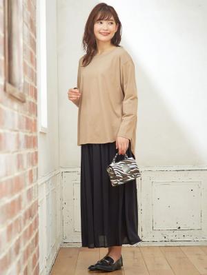 マタニティ スカート|【授乳口付】ラウンドヘムロンT&【産前産後】レーヨンギャザースカート【出産後も長く使える】|ベージュ×ブラック