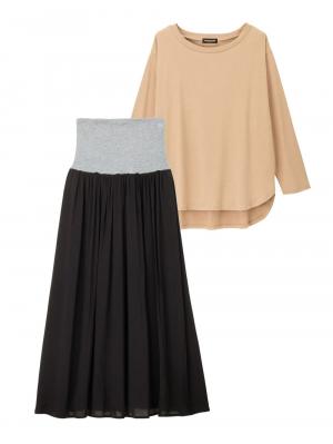 【授乳口付】ラウンドヘムロンT＆【産前産後】レーヨンギャザースカート【出産後も長く使える】29785