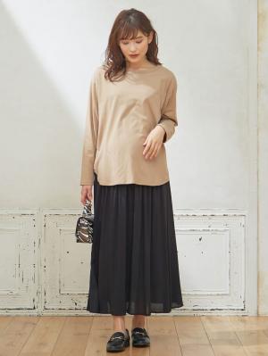 マタニティ スカート|【授乳口付】ラウンドヘムロンT&【産前産後】レーヨンギャザースカート【出産後も長く使える】|ベージュ×ブラック