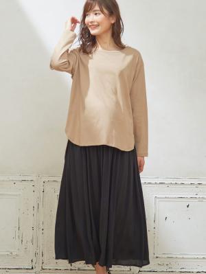 マタニティ スカート|【授乳口付】ラウンドヘムロンT&【産前産後】レーヨンギャザースカート【出産後も長く使える】|ベージュ×ブラック