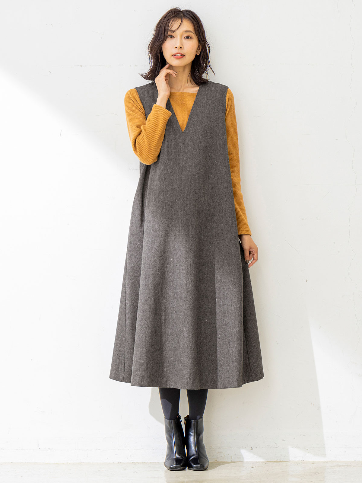マタニティ ワンピース | ウール混 Vネックたっぷりフレアーワンピース マタニティ・授乳服 ｜マタニティウェア・授乳服通販｜ エンジェリーベ 公式