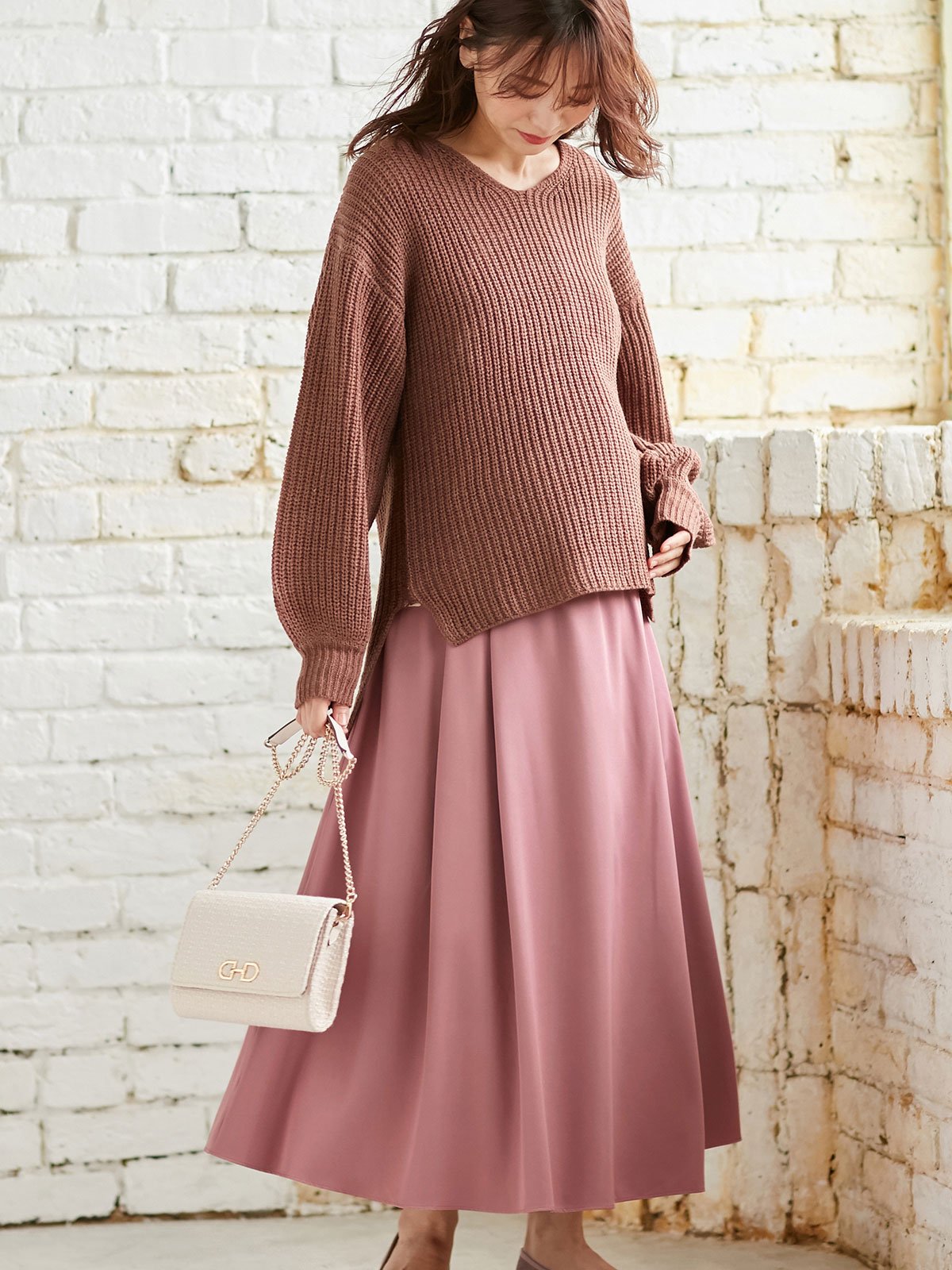 マタニティ スカート|【産前産後対応】ベネシャンタックフレアスカート【出産後も長く使える】|モーブピンク