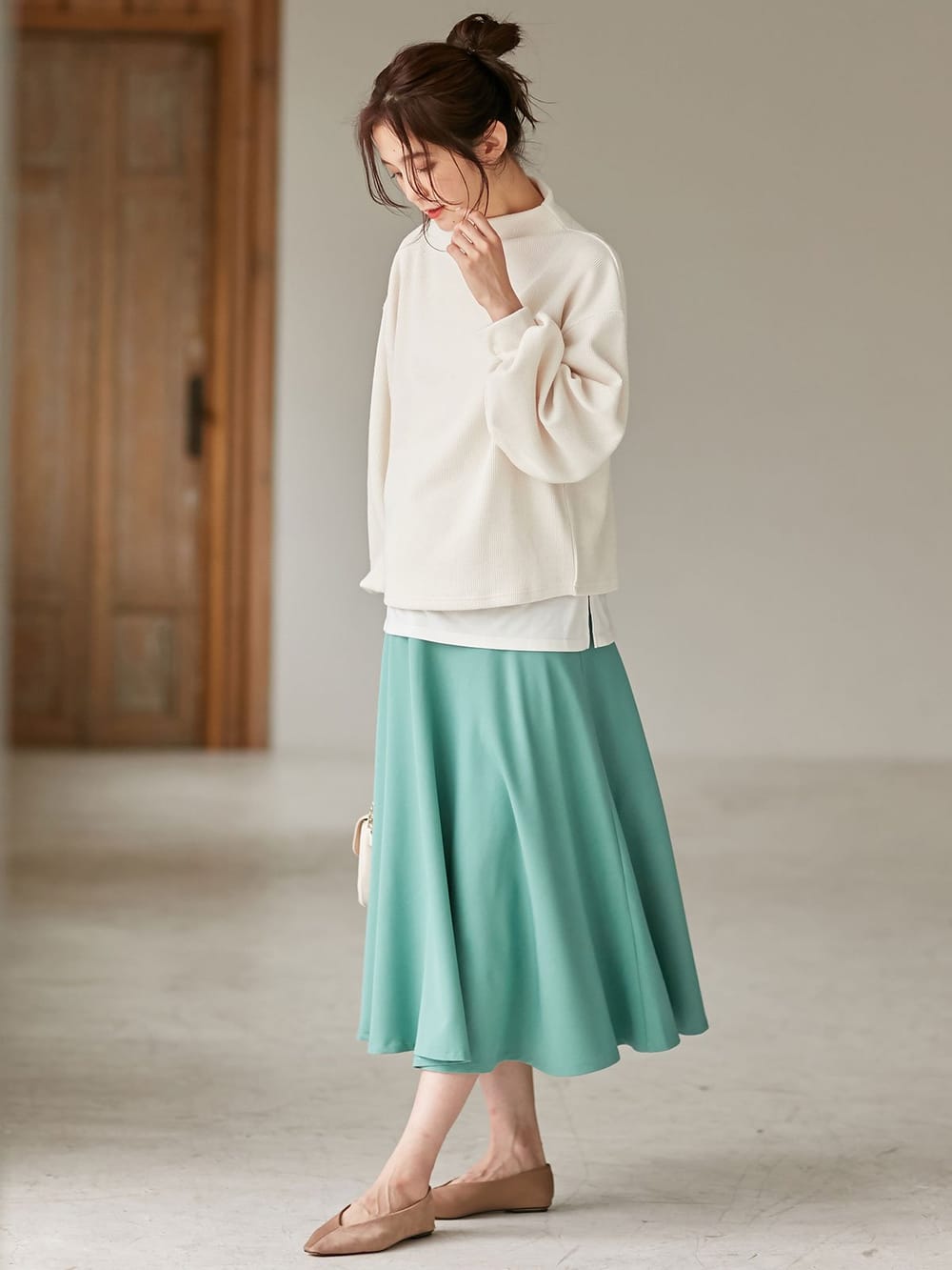 マタニティ スカート|【産前産後対応】ミモレ丈フレアスカート【出産後も長く使える】|グリーン