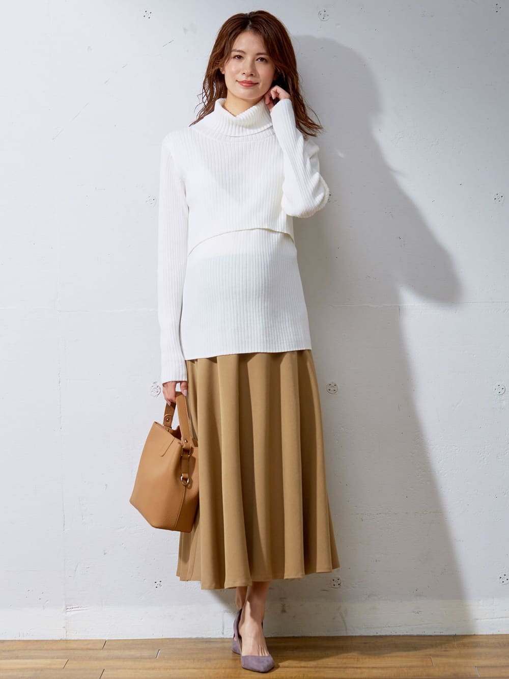 マタニティ スカート|【産前産後対応】ミモレ丈フレアスカート【出産後も長く使える】|ベージュ