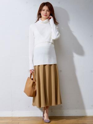 マタニティ スカート|【産前産後対応】ミモレ丈フレアスカート【出産後も長く使える】|ベージュ
