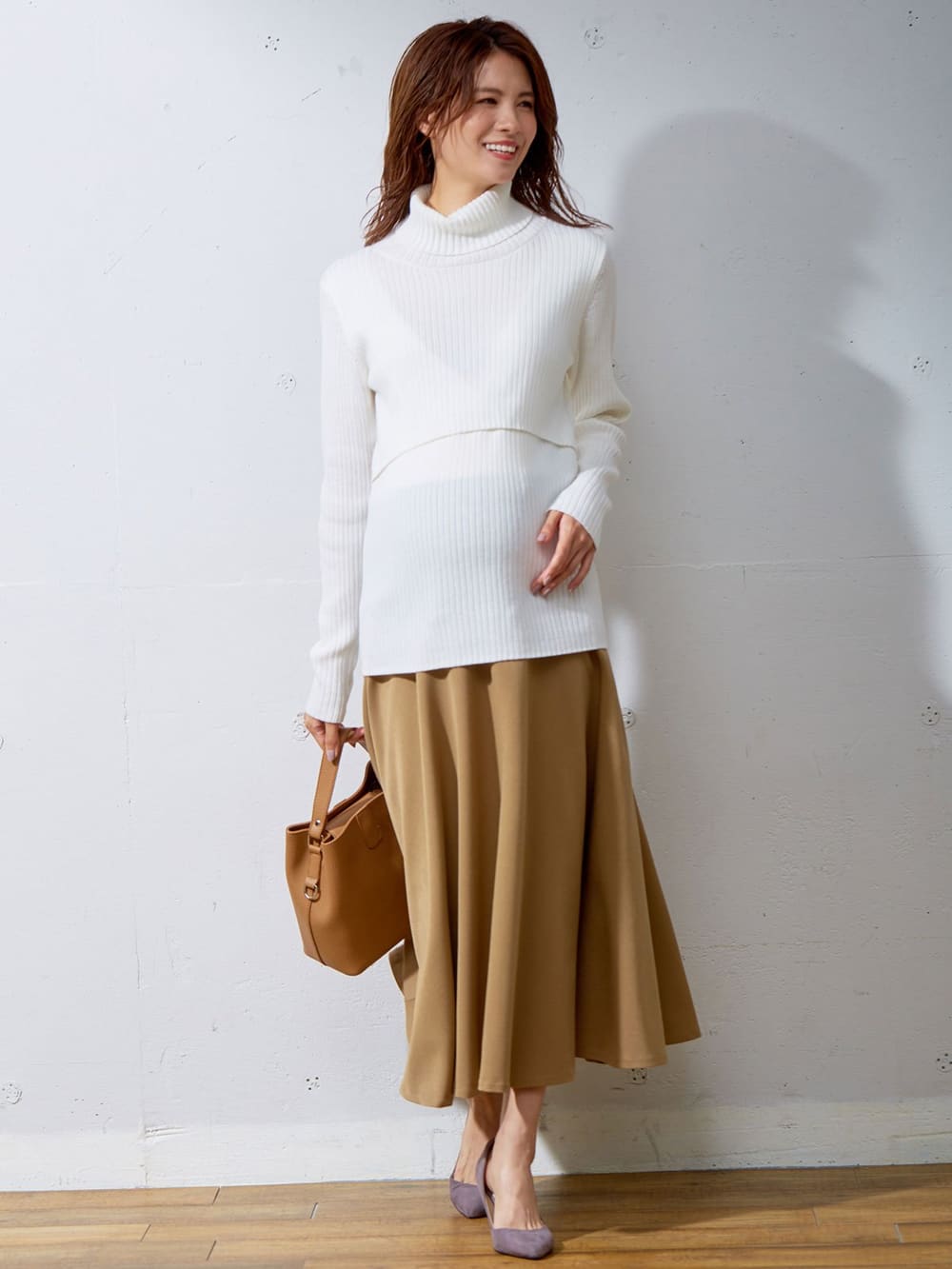 マタニティ スカート|【産前産後対応】ミモレ丈フレアスカート【出産後も長く使える】|ベージュ