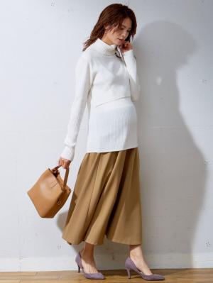 マタニティ スカート|【産前産後対応】ミモレ丈フレアスカート【出産後も長く使える】|ベージュ