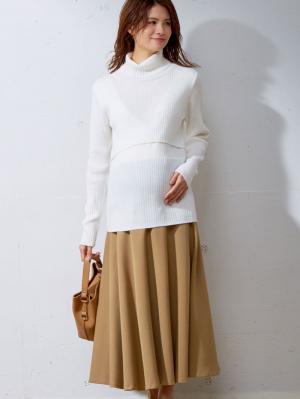 マタニティ スカート|【産前産後対応】ミモレ丈フレアスカート【出産後も長く使える】|ベージュ