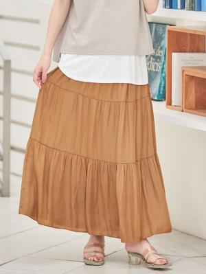 マタニティ スカート|【産前産後対応】ヴィンテージサテンティアードロングスカート【出産後も長く使える】|キャメル