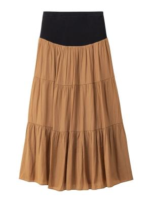 マタニティ スカート|【産前産後対応】ヴィンテージサテンティアードロングスカート【出産後も長く使える】|キャメル
