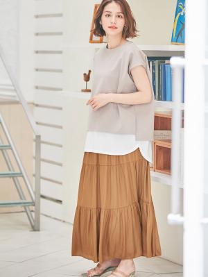 マタニティ スカート|【産前産後対応】ヴィンテージサテンティアードロングスカート【出産後も長く使える】|キャメル