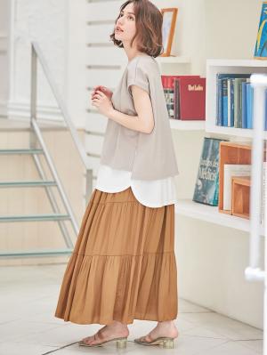 マタニティ スカート|【産前産後対応】ヴィンテージサテンティアードロングスカート【出産後も長く使える】|キャメル