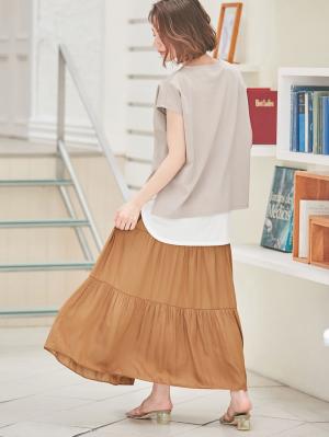 マタニティ スカート|【産前産後対応】ヴィンテージサテンティアードロングスカート【出産後も長く使える】|キャメル
