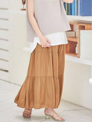 マタニティ スカート|【産前産後対応】ヴィンテージサテンティアードロングスカート【出産後も長く使える】|キャメル