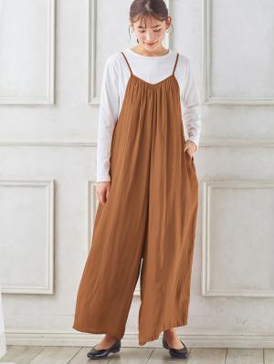 マタニティ パンツ|ヴィンテージサテンギャザーオールインワン【裾が床につかない機能付き】　マタニティ・授乳服【出産後も長く使える】|キャメル