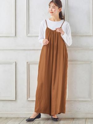 マタニティ パンツ|ヴィンテージサテンギャザーオールインワン【裾が床につかない機能付き】　マタニティ・授乳服【出産後も長く使える】|キャメル