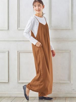 マタニティ パンツ|ヴィンテージサテンギャザーオールインワン【裾が床につかない機能付き】　マタニティ・授乳服【出産後も長く使える】|キャメル