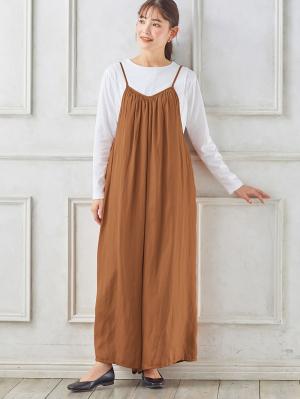 マタニティ パンツ|ヴィンテージサテンギャザーオールインワン【裾が床につかない機能付き】　マタニティ・授乳服【出産後も長く使える】|キャメル