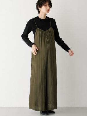 マタニティ パンツ|ヴィンテージサテンギャザーオールインワン【裾が床につかない機能付き】　マタニティ・授乳服【出産後も長く使える】|カーキ