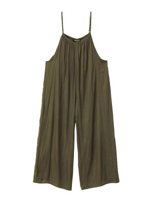 マタニティ パンツ|ヴィンテージサテンギャザーオールインワン【裾が床につかない機能付き】　マタニティ・授乳服【出産後も長く使える】|カーキ