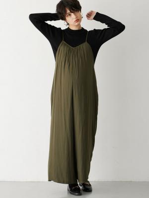 マタニティ パンツ|ヴィンテージサテンギャザーオールインワン【裾が床につかない機能付き】　マタニティ・授乳服【出産後も長く使える】|カーキ