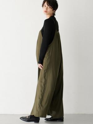 マタニティ パンツ|ヴィンテージサテンギャザーオールインワン【裾が床につかない機能付き】　マタニティ・授乳服【出産後も長く使える】|カーキ