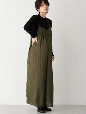 マタニティ パンツ|ヴィンテージサテンギャザーオールインワン【裾が床につかない機能付き】　マタニティ・授乳服【出産後も長く使える】|カーキ