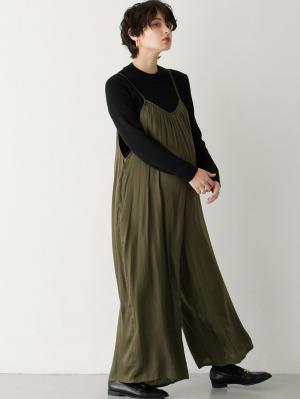 マタニティ パンツ|ヴィンテージサテンギャザーオールインワン【裾が床につかない機能付き】　マタニティ・授乳服【出産後も長く使える】|カーキ