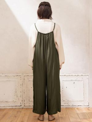 マタニティ パンツ|ヴィンテージサテンギャザーオールインワン【裾が床につかない機能付き】　マタニティ・授乳服【出産後も長く使える】