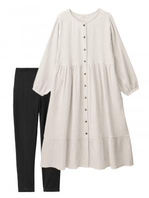 【セット】ぷくぷくダブルガーゼ裾ティアード3WAYワンピース＆産後も使えるレギンスパジャマ　マタニティ・授乳パジャマ29807