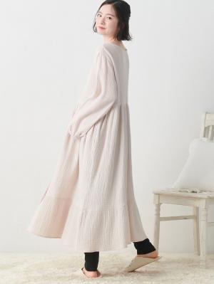 マタニティ パジャマ・ルームウェア|【セット】ぷくぷくダブルガーゼ裾ティアード3WAYワンピース＆産後も使えるレギンスパジャマ　マタニティ・授乳パジャマ|アイスベージュ