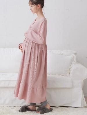 マタニティ パジャマ・ルームウェア|【セット】ぷくぷくダブルガーゼ裾ティアード3WAYワンピース＆産後も使えるレギンスパジャマ　マタニティ・授乳パジャマ|グレイッシュピンク