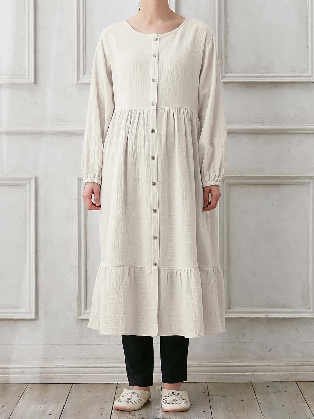 マタニティ パジャマ・ルームウェア|【セット】ぷくぷくダブルガーゼ裾ティアード3WAYワンピース&産後も使えるレギンスパジャマ マタニティ・授乳パジャマ