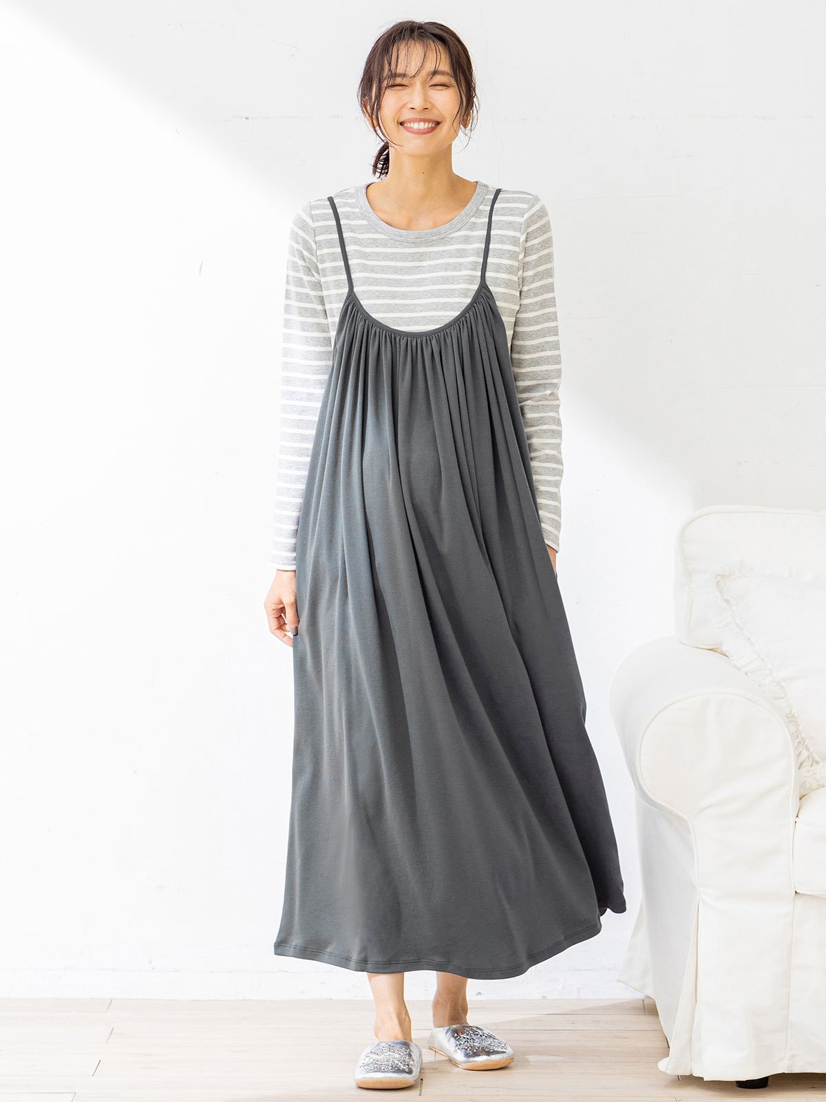 マタニティ ワンピース オールシーズン使えるやわらかスムースギャザーキャミワンピース マタニティ 授乳服 マタニティウェア 授乳服通販 エンジェリーベ 公式