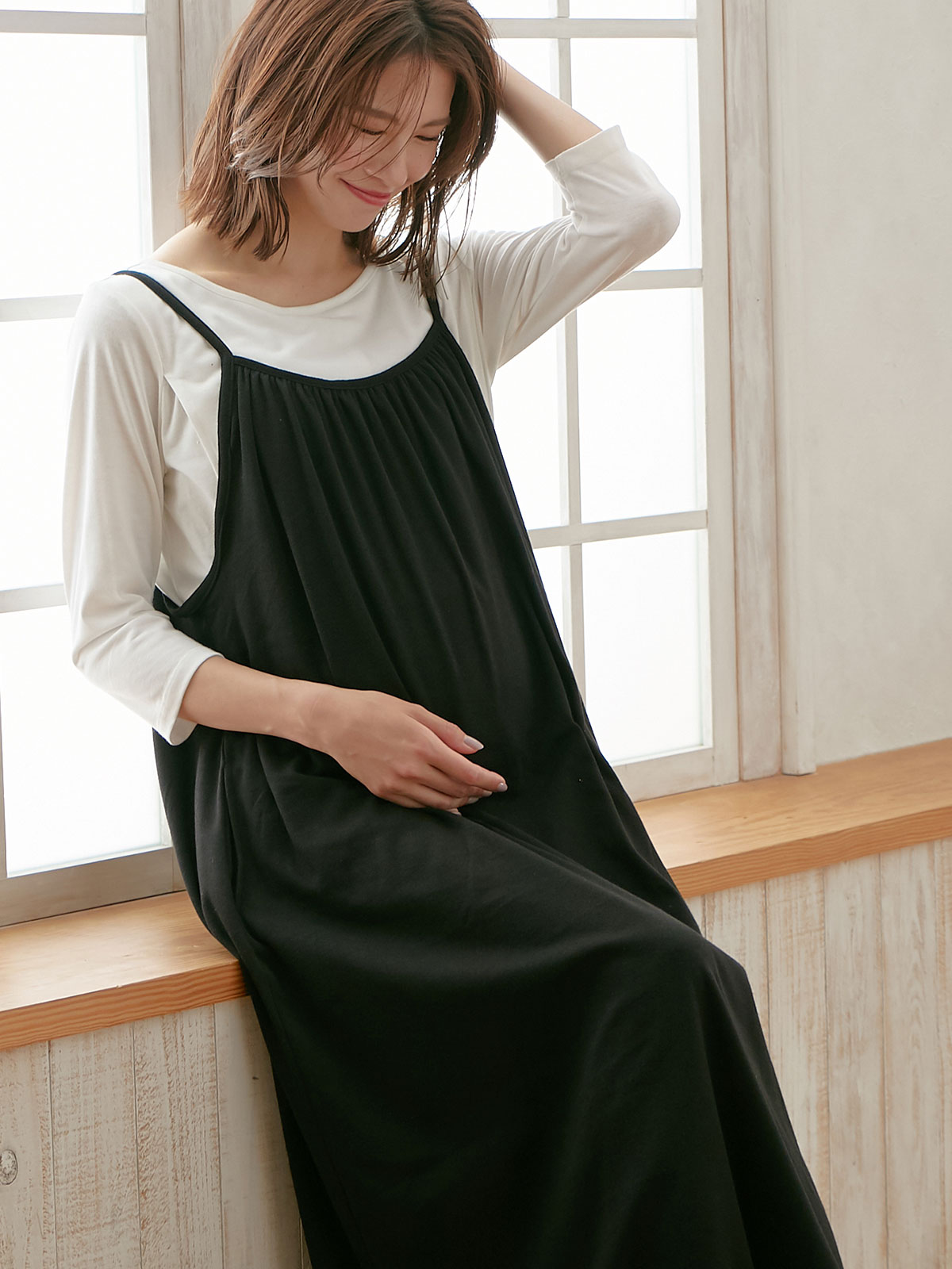 マタニティ ワンピース マタニティ 産後兼用 オールシーズン使えるやわらかスムースギャザーキャミワンピース マタニティウェア 授乳服通販 エンジェリーベ 公式