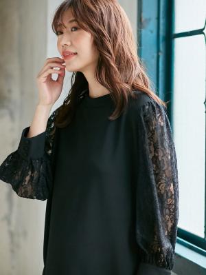 マタニティ ワンピース|ニットジョーゼット袖レースワンピース　マタニティ・授乳服【出産後も長く使える】|ブラック