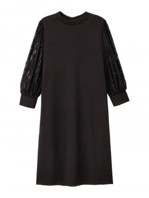 マタニティ ワンピース|ニットジョーゼット袖レースワンピース　マタニティ・授乳服【出産後も長く使える】|ブラック