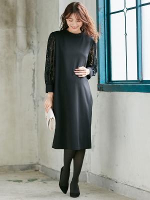 マタニティ ワンピース|ニットジョーゼット袖レースワンピース　マタニティ・授乳服【出産後も長く使える】|ブラック
