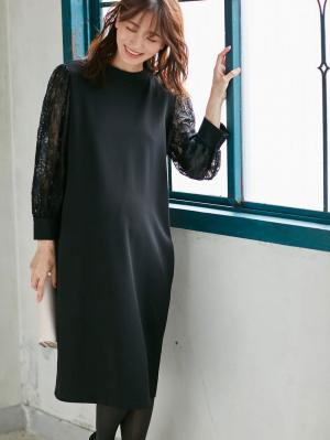 マタニティ ワンピース|ニットジョーゼット袖レースワンピース　マタニティ・授乳服【出産後も長く使える】|ブラック