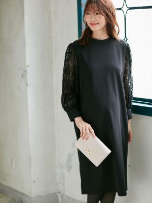 マタニティ ワンピース|ニットジョーゼット袖レースワンピース　マタニティ・授乳服【出産後も長く使える】|ブラック