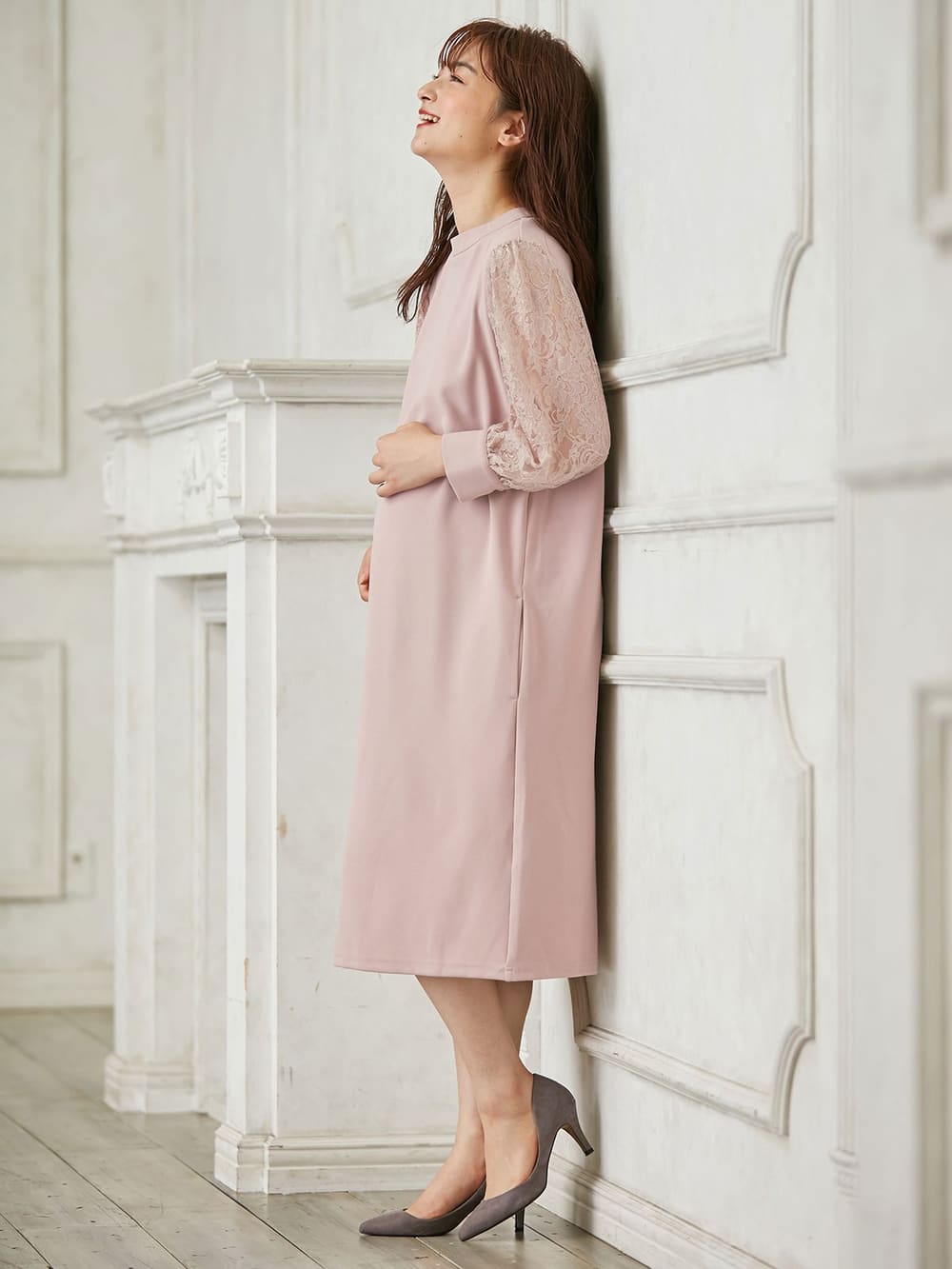 マタニティ ワンピース|ニットジョーゼット袖レースワンピース　マタニティ・授乳服【出産後も長く使える】|ベージュ